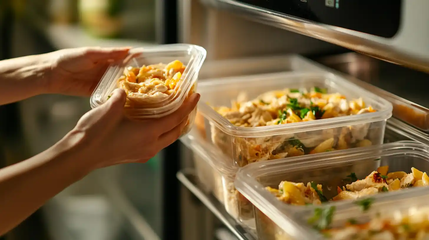 Meal-prepped Marry Me Chicken Pasta in containers for storage.