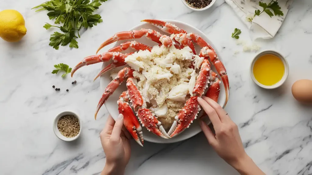 Fresh ingredients used for making a crab cake sandwich, including lump crab meat and spices.