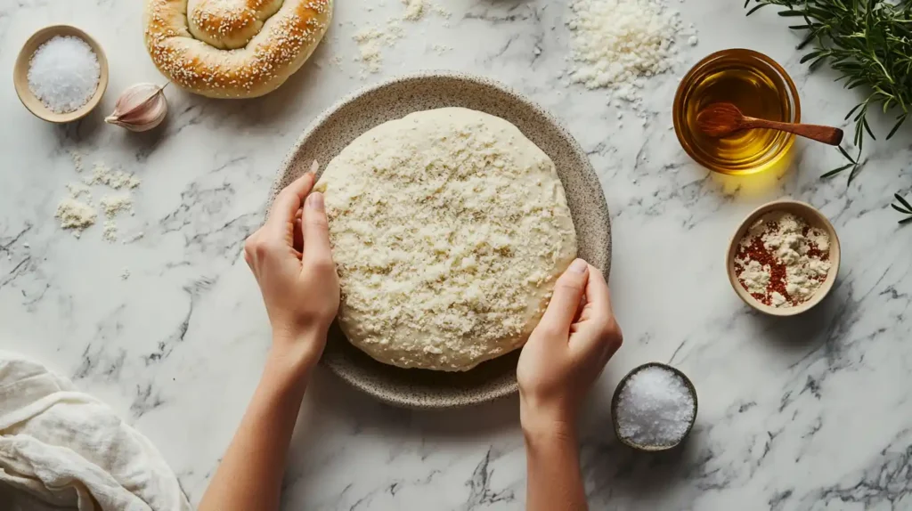 A bagel being sliced into thin rounds for making bagel chips.