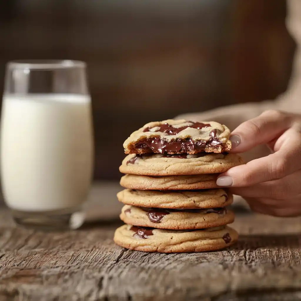 A stack of brown butter chocolate chip cookies with melted chocolate.