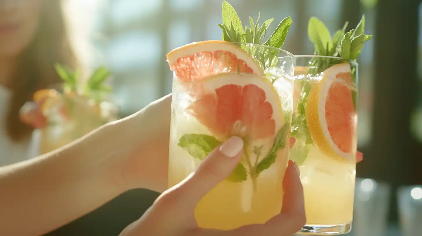 A selection of colorful herbal mocktails garnished with fresh herbs and citrus.