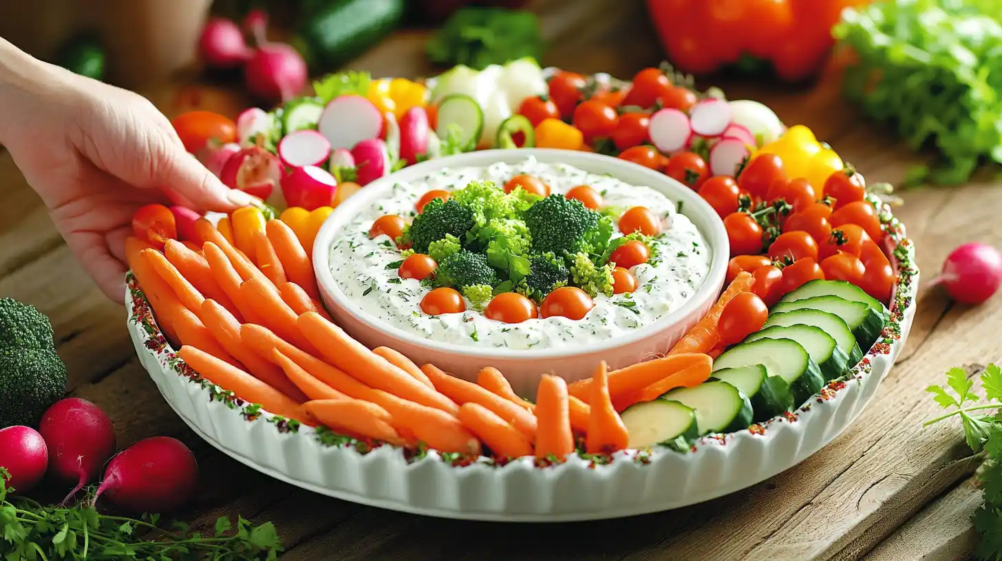 A colorful vegetable tray with fresh veggies and a bowl of ranch dip.