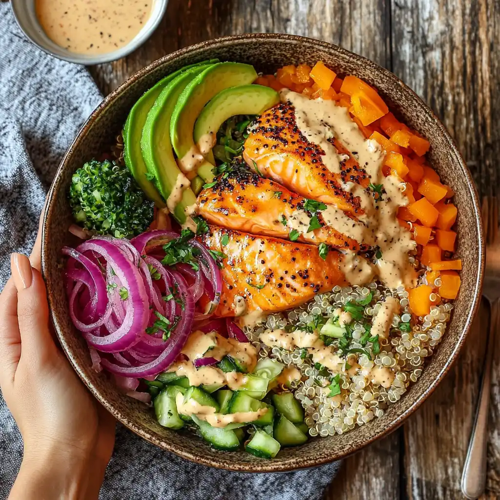 A colorful Salmon Buddha Bowl with fresh vegetables and quinoa.