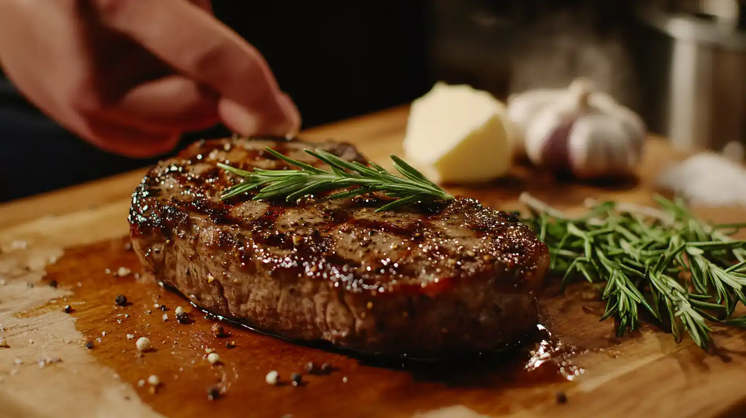 A perfectly seared cowboy steak resting on a cutting board with rosemary and garlic.