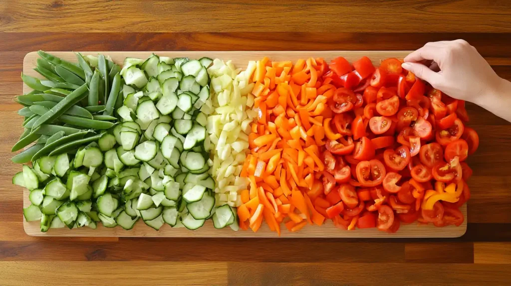 A variety of fresh vegetables prepped for a party platter.