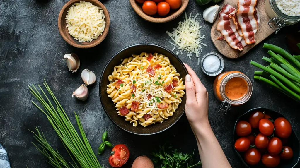 Fresh ingredients for making cowboy pasta salad on a wooden board.