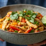 A bowl of creamy chicken fajita pasta with bell peppers and melted cheese.