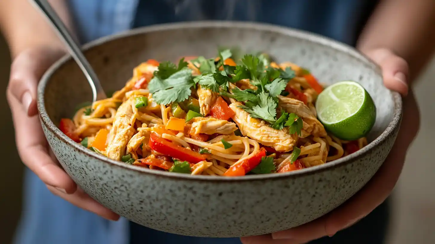 A bowl of creamy chicken fajita pasta with bell peppers and melted cheese.