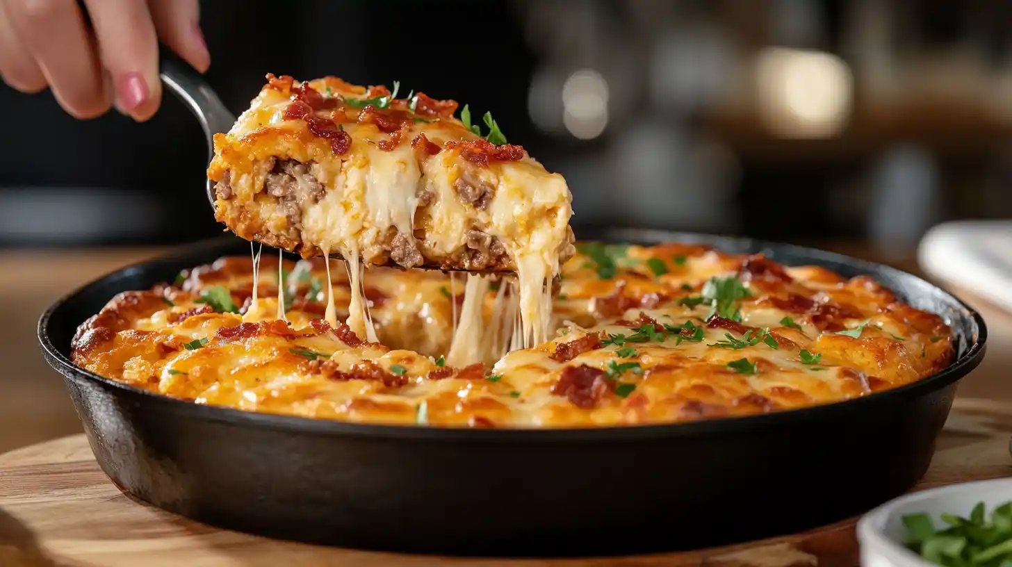 A serving of cowboy cornbread casserole being lifted from a skillet.