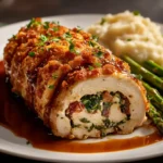 A sliced chicken roulade with a creamy spinach and sun-dried tomato filling, drizzled with balsamic glaze.