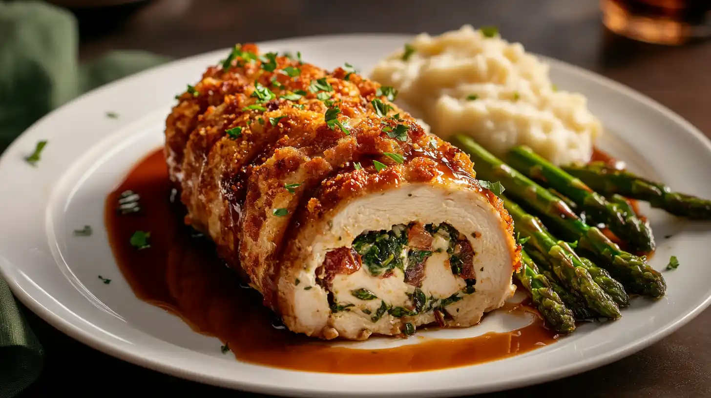 A sliced chicken roulade with a creamy spinach and sun-dried tomato filling, drizzled with balsamic glaze.