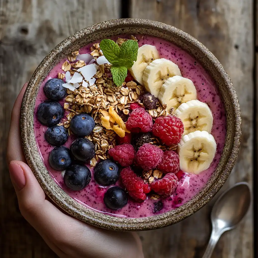 A thick Açaí Smoothie Bowl topped with granola, berries, and banana slices.