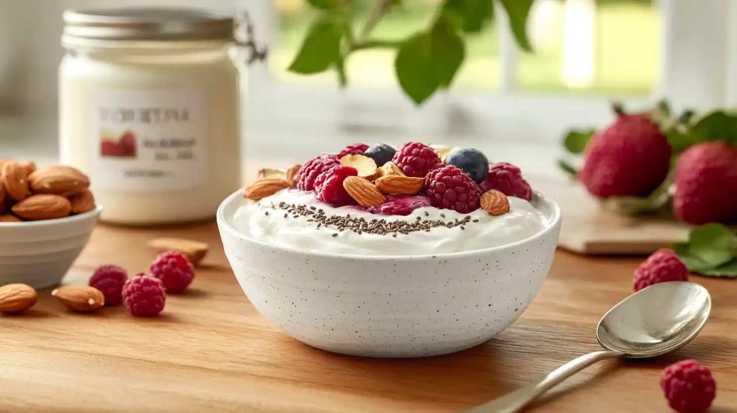 A high protein yogurt bowl with berries, nuts, and seeds.