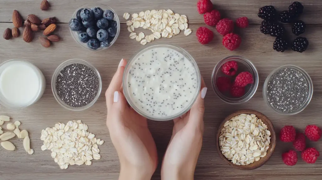 Ingredients for making high protein overnight oats, including oats, yogurt, and protein powder.