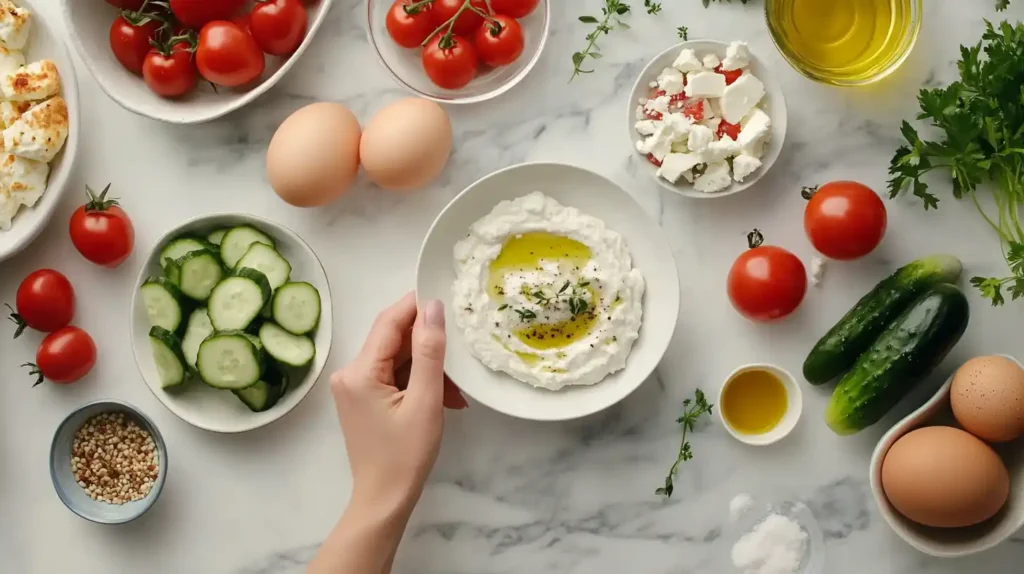 A selection of fresh Mediterranean ingredients for a breakfast bowl.