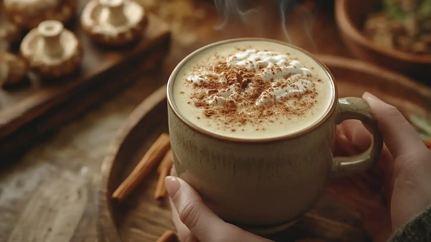 A creamy mushroom latte with cinnamon dusting in a ceramic mug.