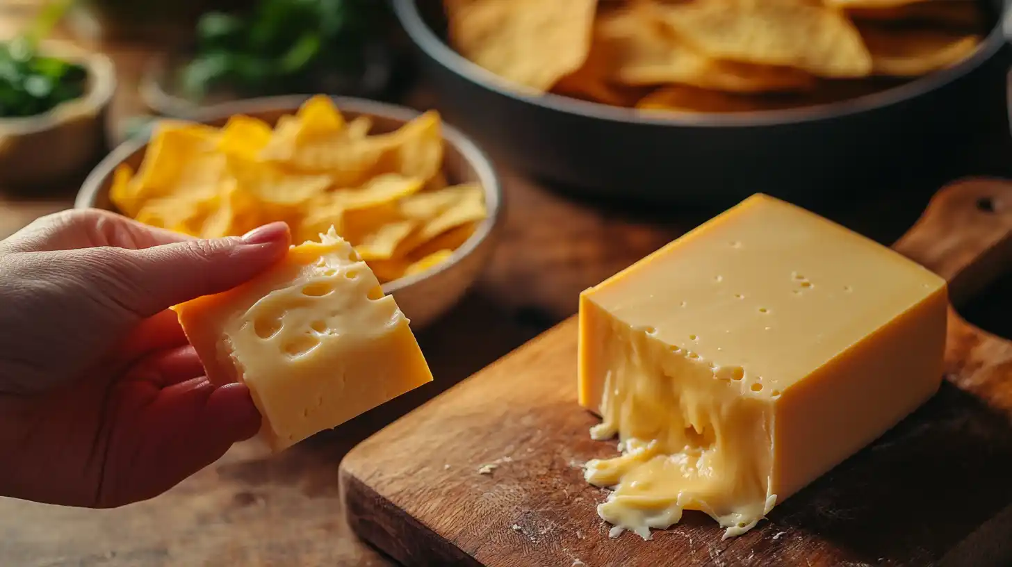 A block of Velveeta cheese with slices melting in a skillet and queso dip in the background.