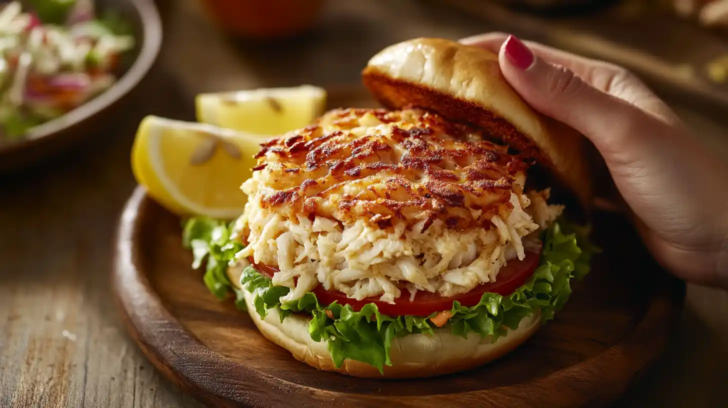 A crispy crab cake sandwich with remoulade sauce, lettuce, and tomato on a toasted brioche bun.