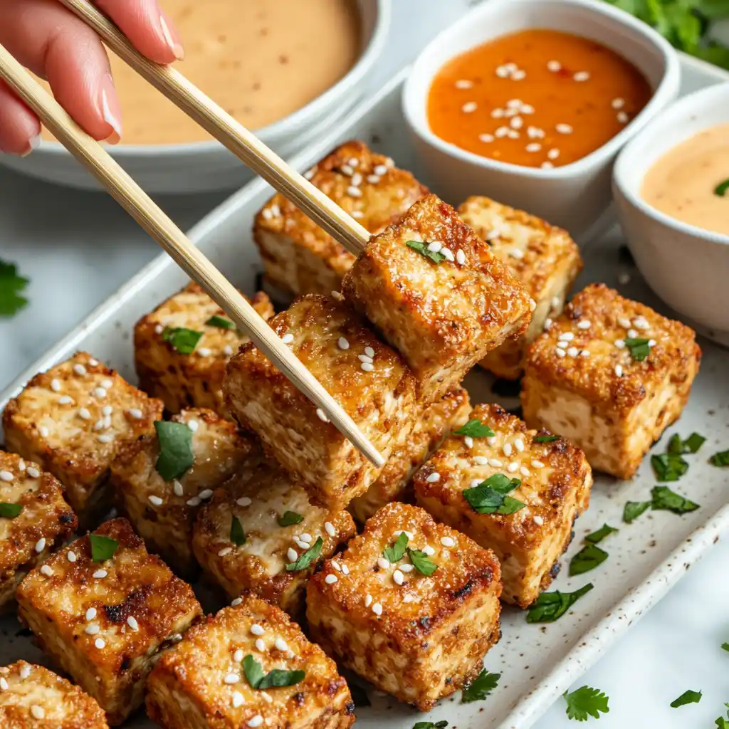 Crispy tofu bites served with three different dipping sauces.