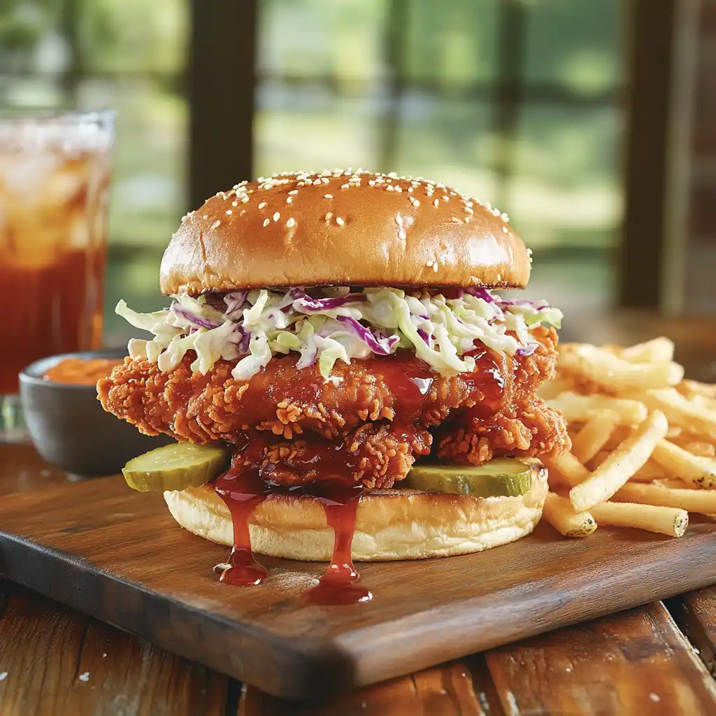 Nashville Hot Chicken Sandwich with pickles and coleslaw on a toasted bun.