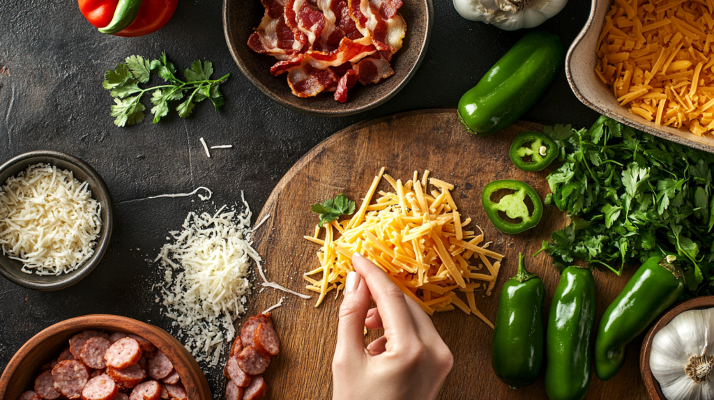 Fresh ingredients used for making armadillo eggs, including jalapeños, sausage, and bacon.