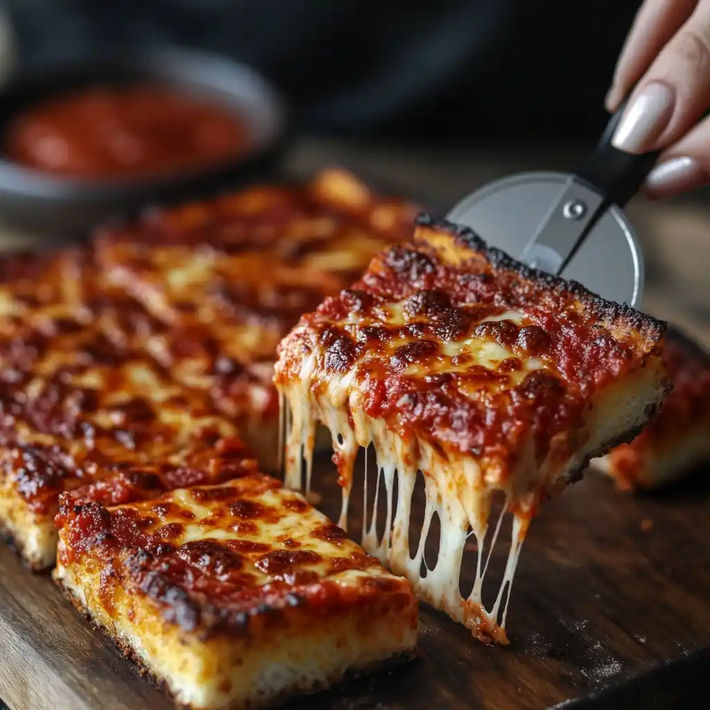 A Detroit-Style Pizza Pan being sliced, showing crispy edges and a golden crust.