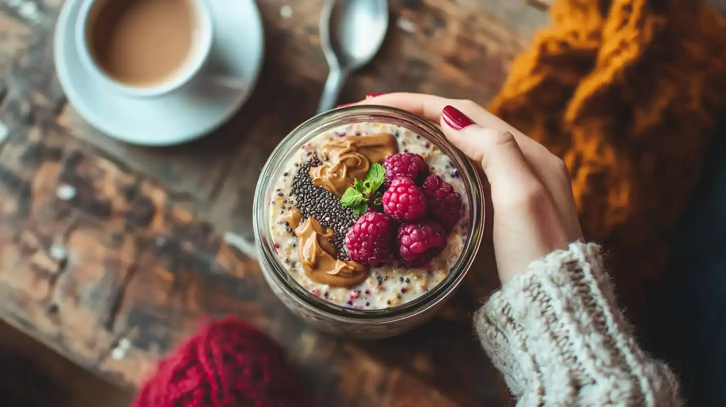 A jar of high protein overnight oats with berries and nut butter.