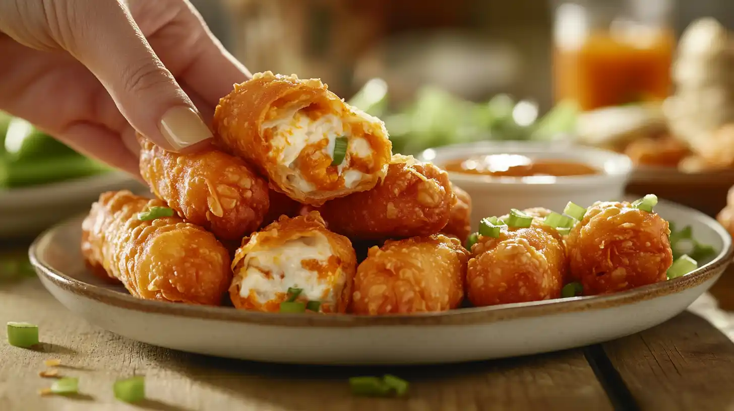 Crispy buffalo chicken egg rolls served with ranch and buffalo sauce.