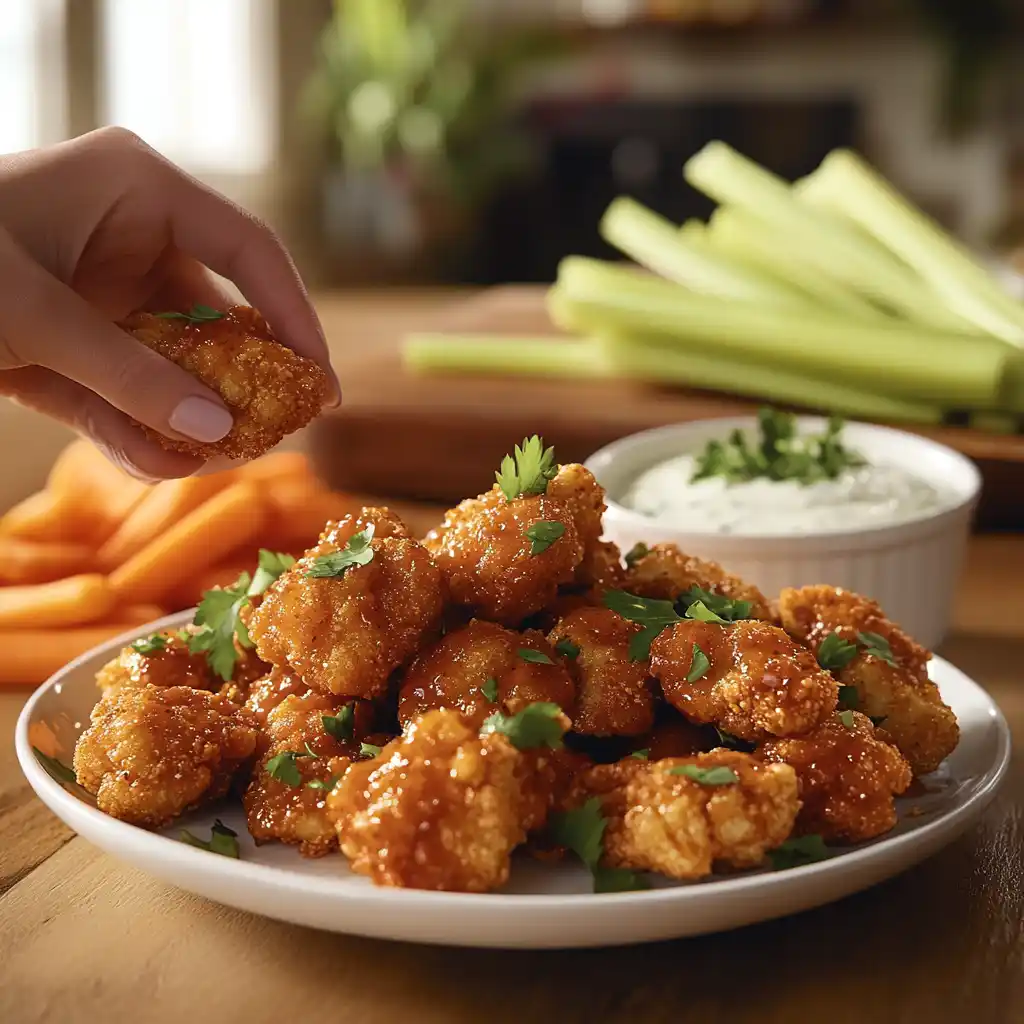 A plate of cauliflower chicken wings with vegan ranch dip.