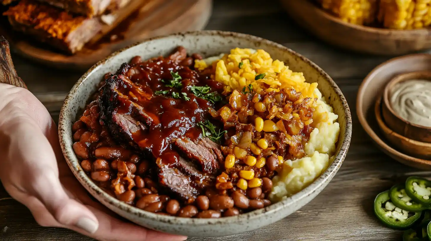 Kinder’s Texas Bowl with BBQ brisket, mashed potatoes, beans, cheese, and crispy onions.