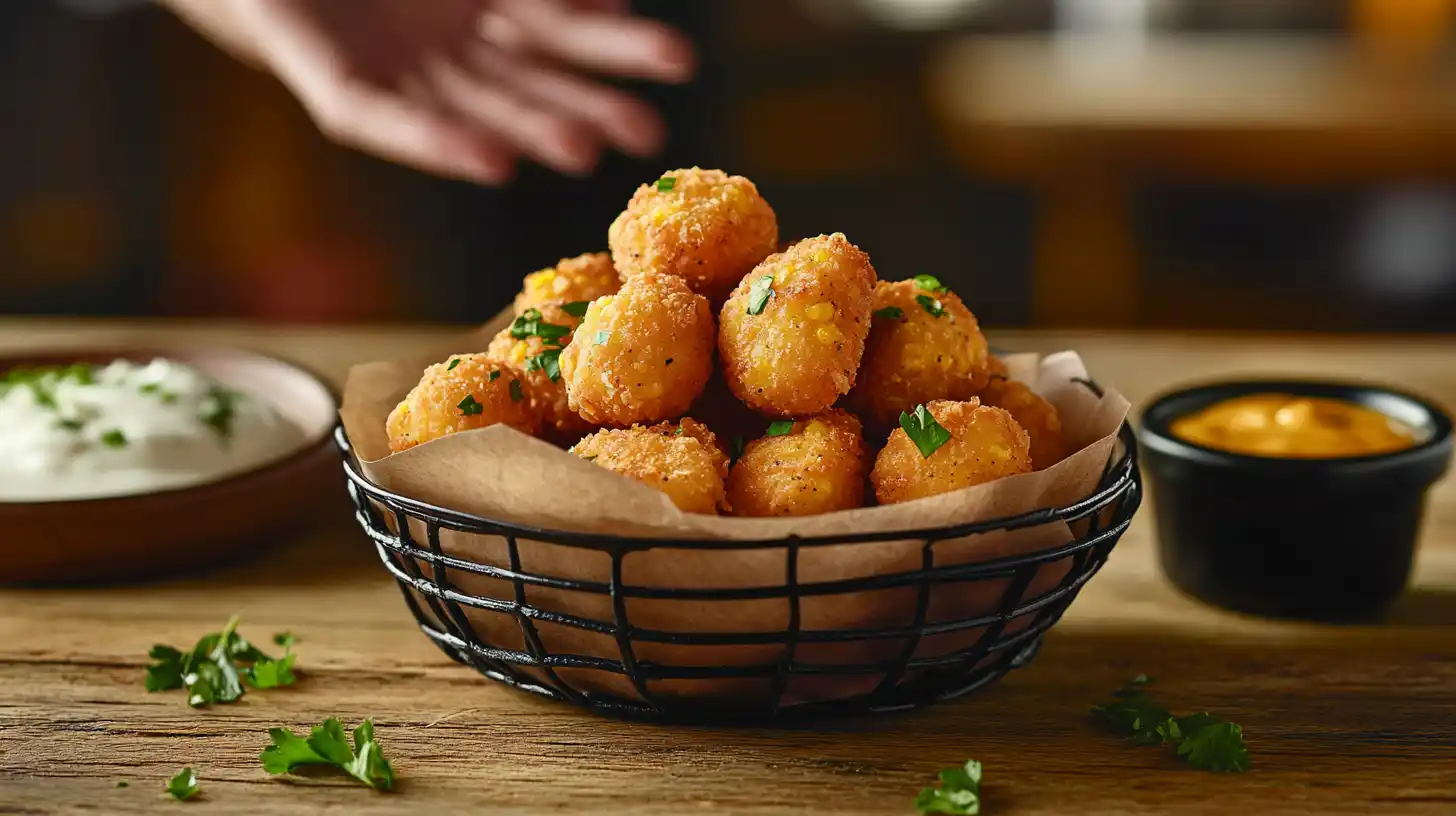 A basket of crispy, golden corn nuggets with dipping sauces.