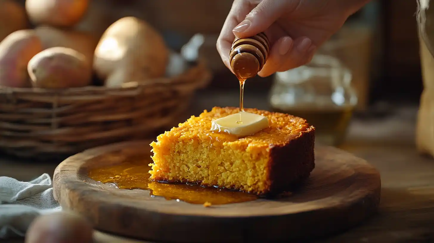 A slice of moist sweet potato cornbread with butter and honey.