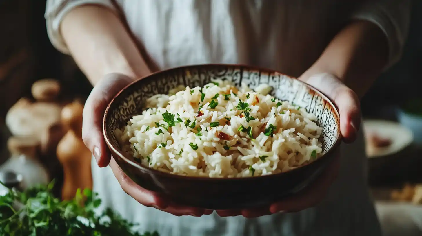 A bowl of French onion rice topped with melted cheese and crispy onions.