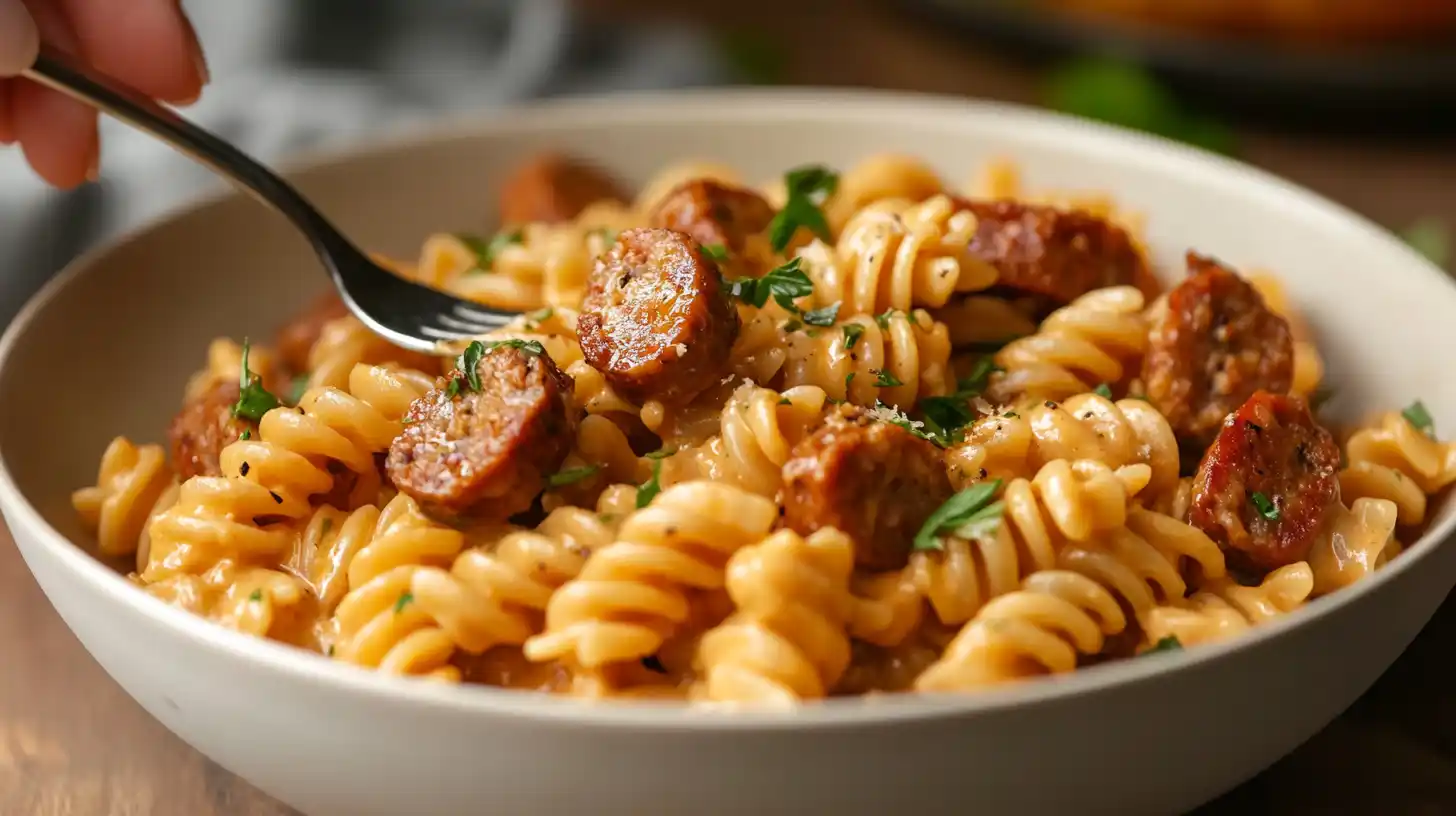 A bowl of Cajun sausage pasta with creamy sauce and fresh parsley.