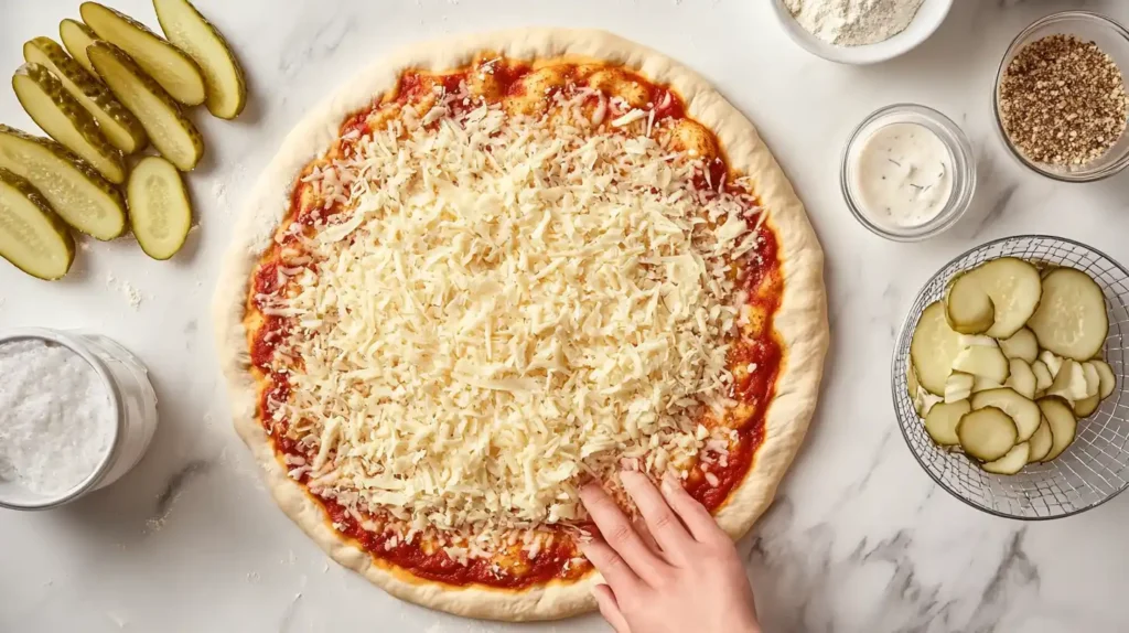 A display of fresh ingredients used for making pickle pie pizza.