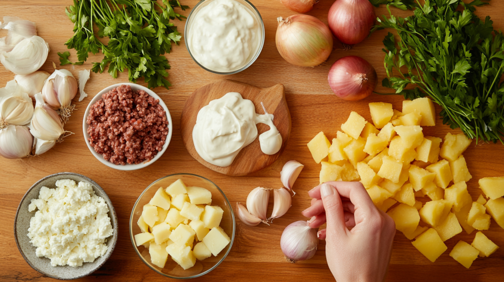 Ingredients for hamburger potato soup arranged on a countertop.