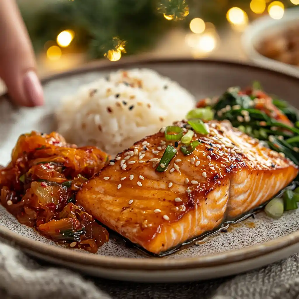 A plated serving of Gochujang Glazed Salmon with sesame seeds and green onions.