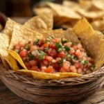 A bowl of fresh salsa with crispy tortilla chips on the side.