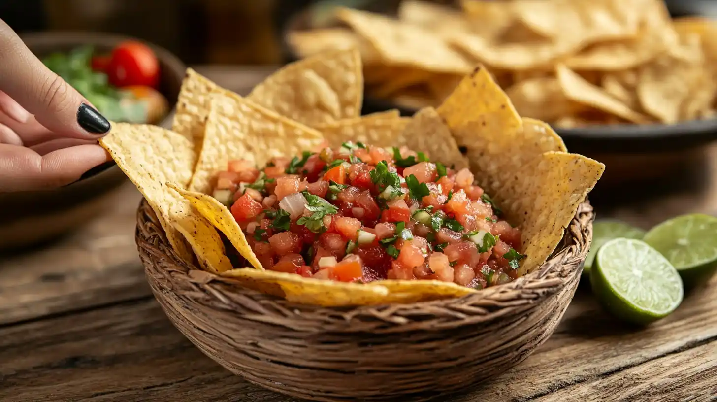 A bowl of fresh salsa with crispy tortilla chips on the side.