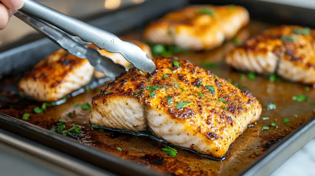 Rockfish fillets seasoned and placed on a baking sheet.