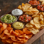 A platter of no carb chips with dipping sauces.