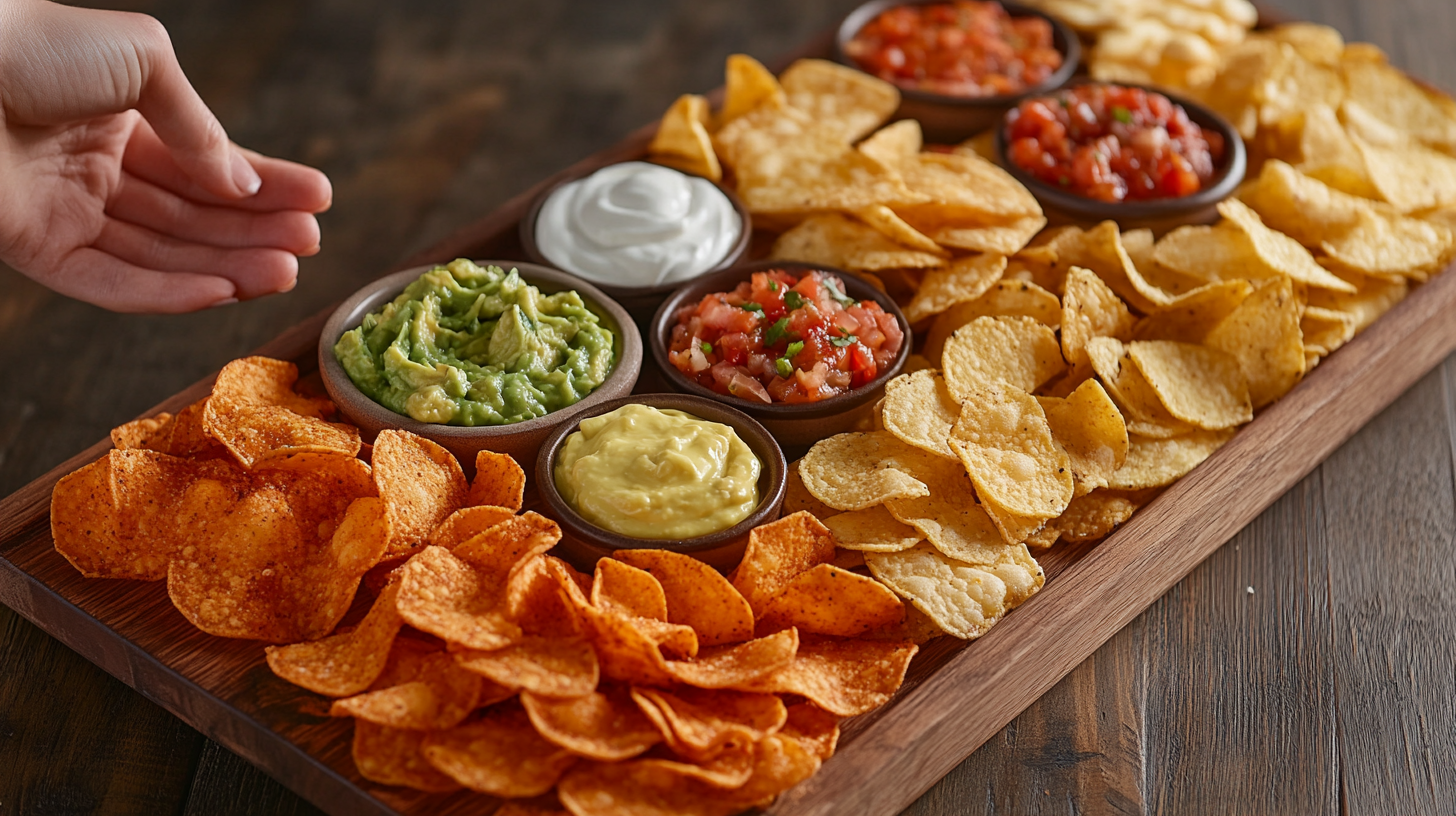 A platter of no carb chips with dipping sauces.