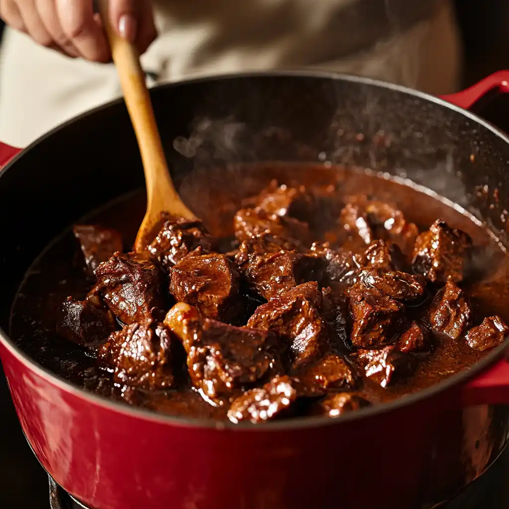 Slow-cooking birria meat in a Dutch oven with rich adobo sauce.