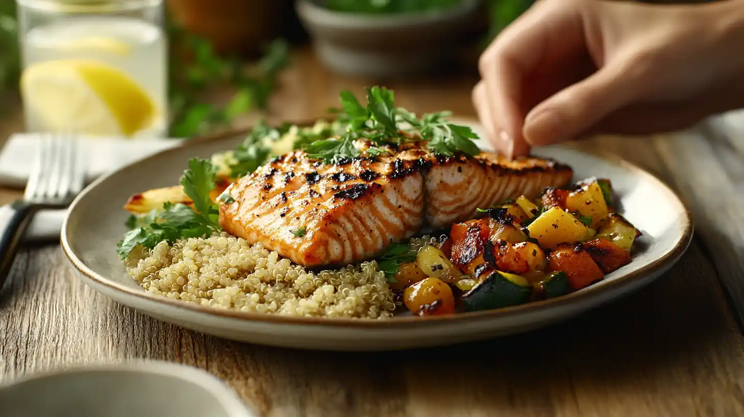 High Protein Dinners plate with salmon, quinoa, and vegetables.