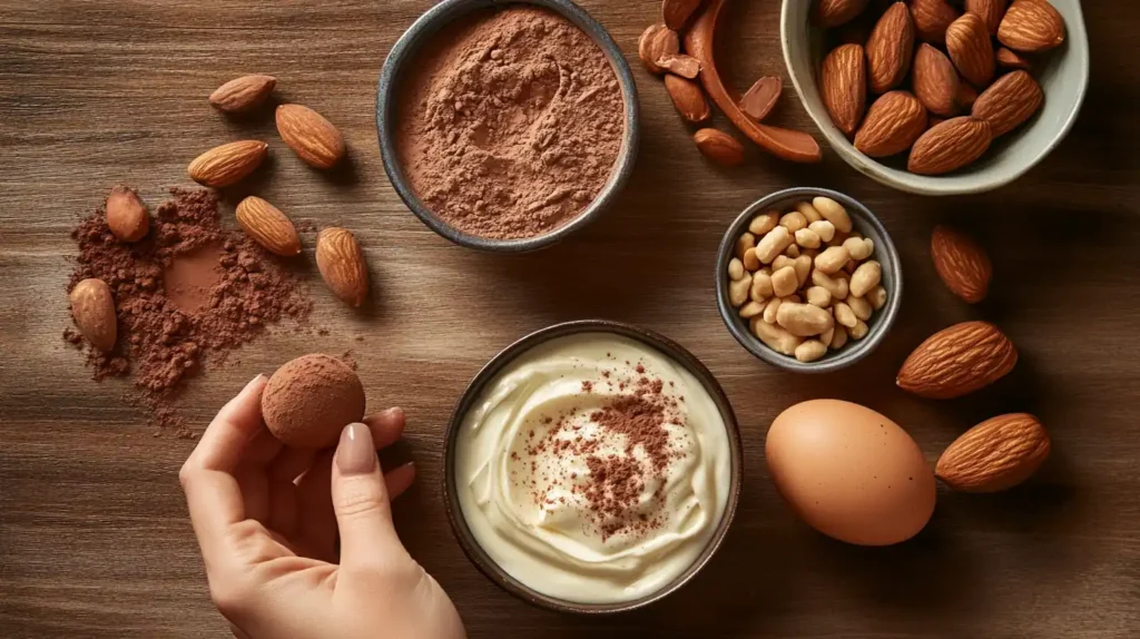 Ingredients for making high protein desserts, including Greek yogurt, cocoa powder, and protein powder.