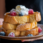 A plate of Hawaiian Roll French Toast with maple syrup, powdered sugar, and fresh berries.