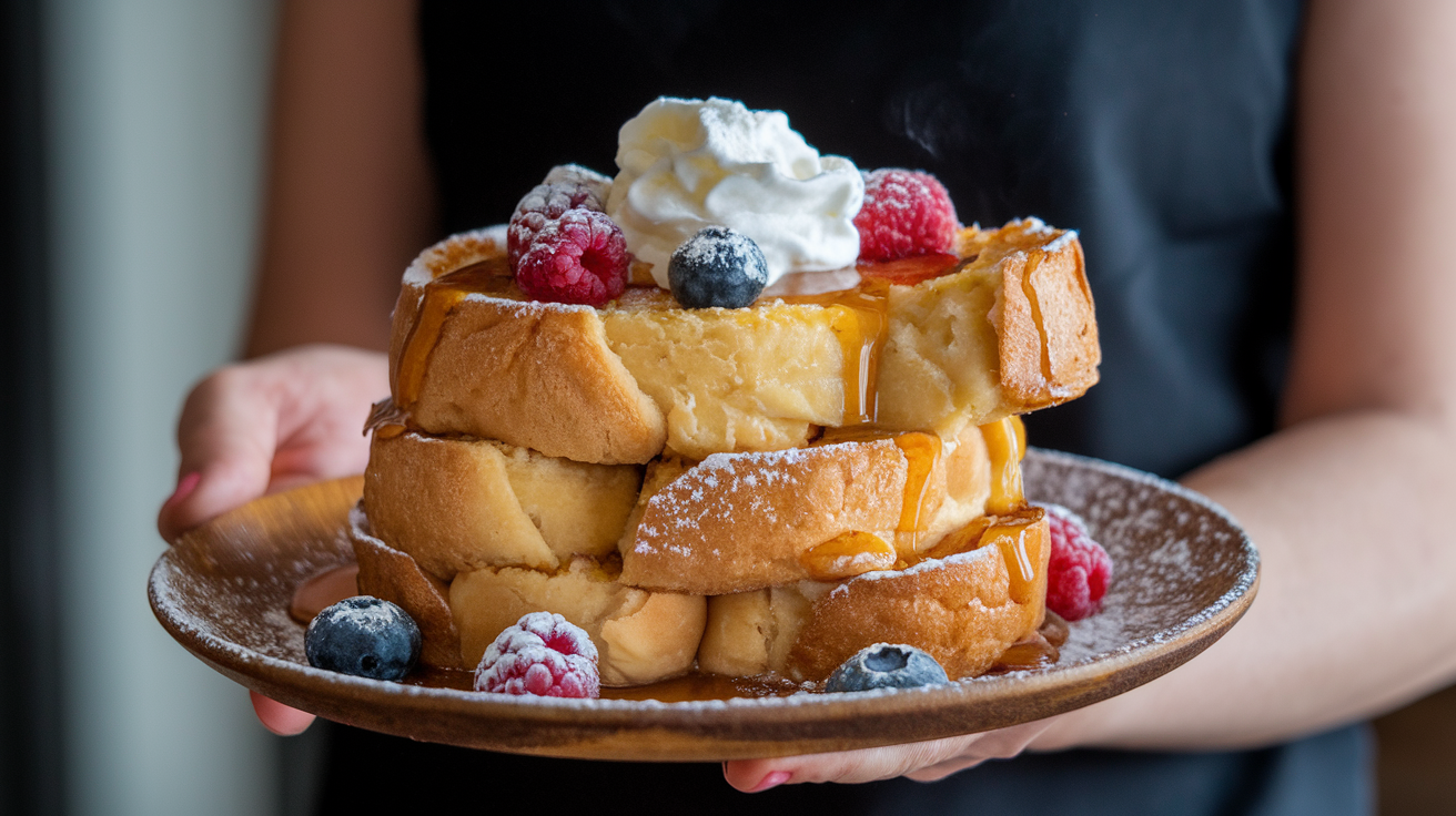 A plate of Hawaiian Roll French Toast with maple syrup, powdered sugar, and fresh berries.