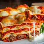 A slice of lazy lasagna with layers of cheese, marinara sauce, and pasta.