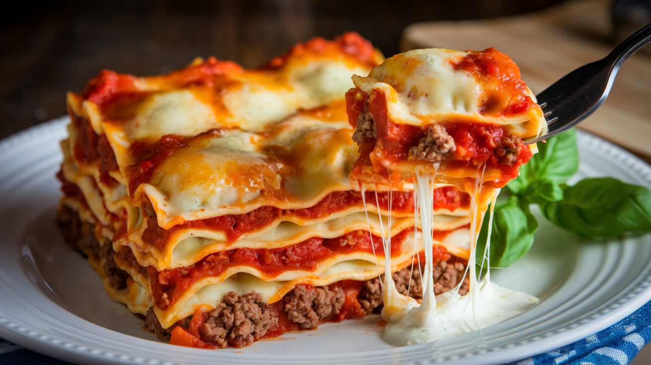 A slice of lazy lasagna with layers of cheese, marinara sauce, and pasta.