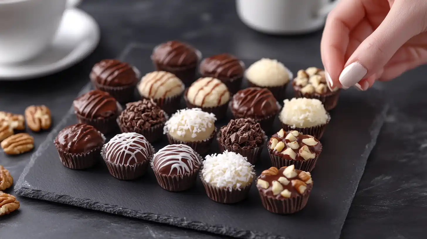 A plate of assorted Keto Fat Bombs with different flavors and toppings.